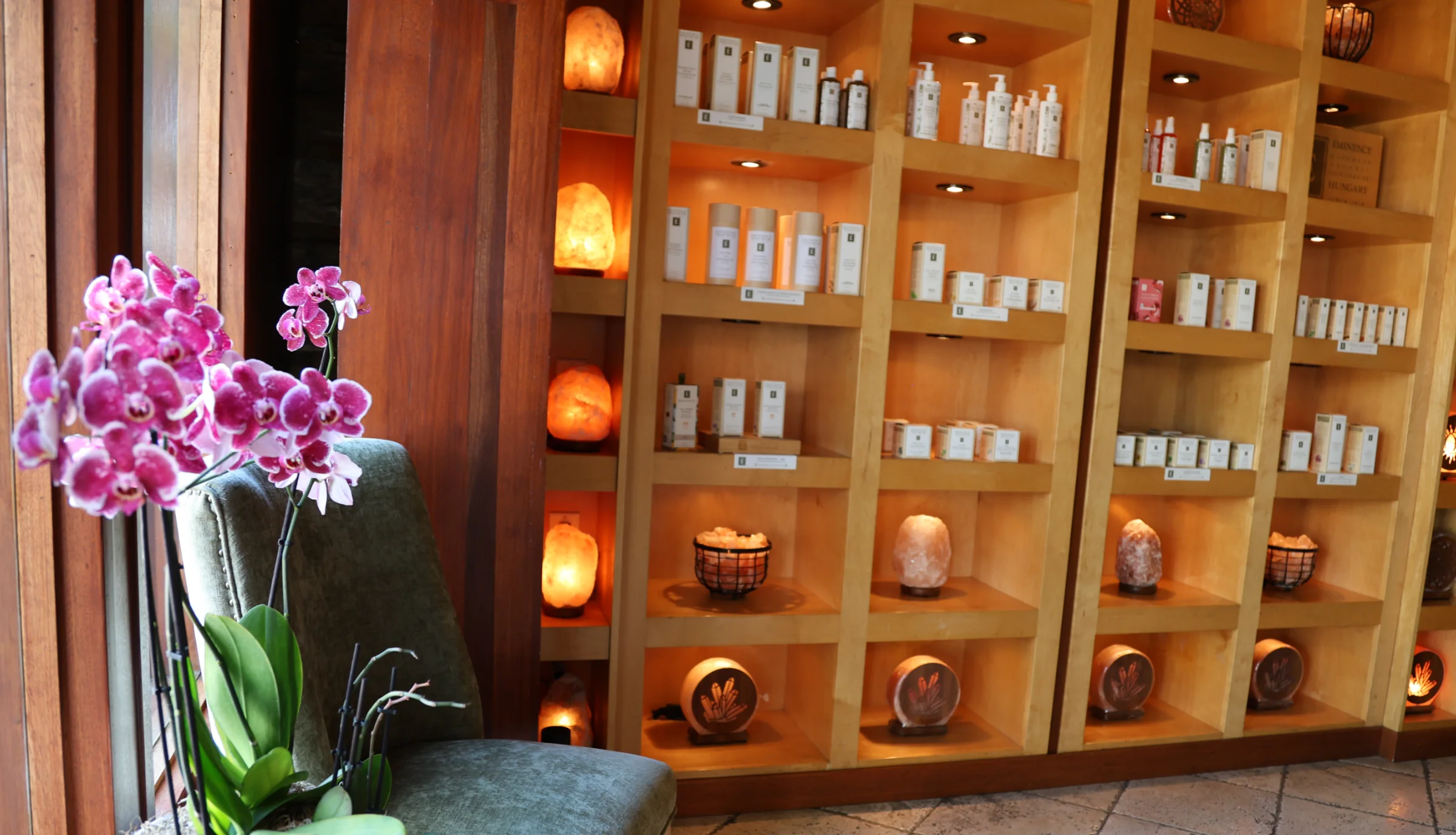 Product shelves at RA Organic Spa